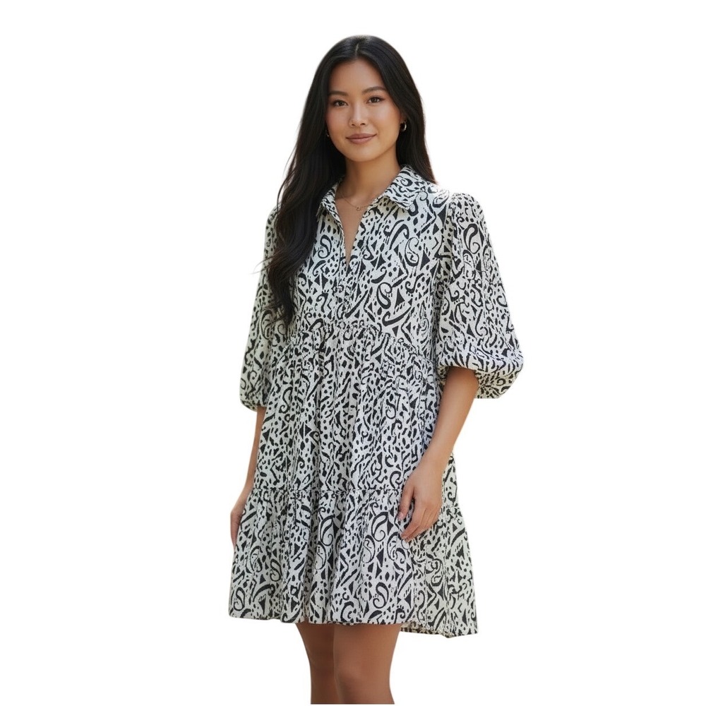 Umgee Paisley‎ Dress Womens Small Black Ivory Abstract Tiered Babydoll Mini NWT